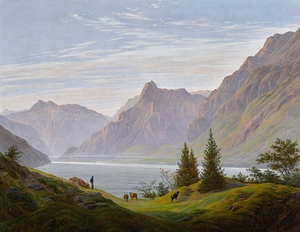 Landschaft mit Gebirgsee Morgen [Landscape with Mountain Lake Morning] by Caspar David Friedrich [1774–1840]